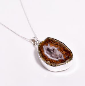 Geode Druzy Gemstone 925 Sterling Silver Pendant Necklace With Box Chain -عقيق الجيود