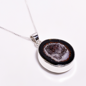 Geode Druzy Gemstone 925 Sterling Silver Pendant Necklace With Box Chain -عقيق الجيود