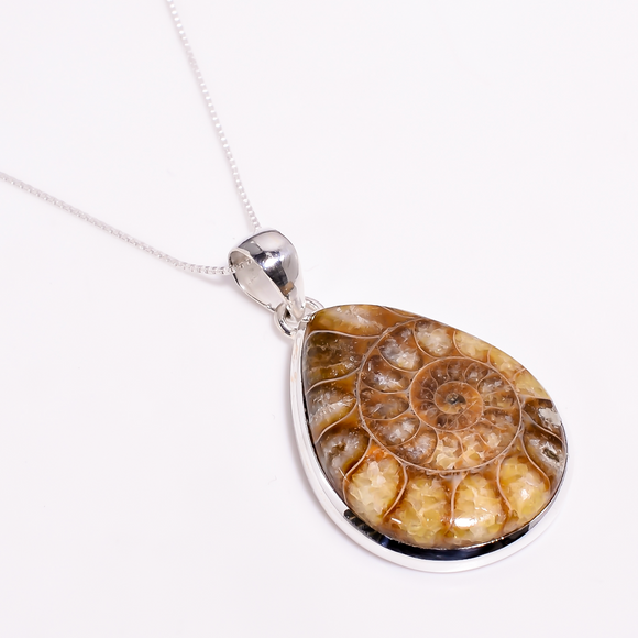 Ammonite Gemstone 925 Sterling Silver Pendant With Box Chain - حجر الامونايت